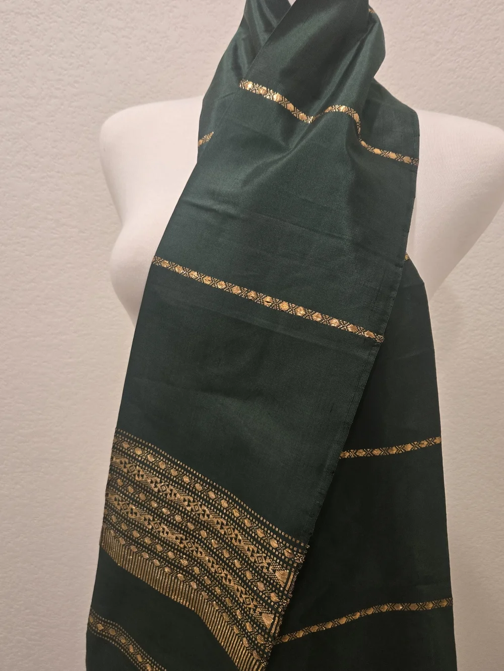 Classic Dark Green Silk Scarf with Gold Trim